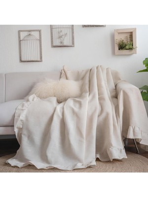 500X200 cm L - Köşe Koltuk Fırfırlı %100 Pamuklu Natural Buldan Keten Çekyat - Koltuk Örtüsü