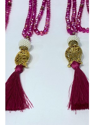 Fuşya Hediyelik Laleli Püsküllü Kristal Boncuklu 99 Lu Namaz Tesbihi ( Mevlüt-Sünnet-Hac-Umre)