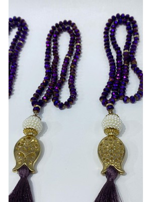 Mor Hediyelik Laleli Püsküllü Kristal Boncuklu 99 Lu Namaz Tesbihi ( Mevlüt-Sünnet-Hac-Umre)