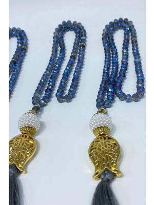 Indigo Mavi Hediyelik Laleli Püsküllü Kristal Boncuklu 99 Lu Namaz Tesbihi ( Mevlüt-Sünnet-Hac-Umre)