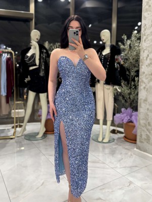 Agnes Kalp Yaka Önden Yırtmaçlı Midi Boy Elbise Bebe Mavi