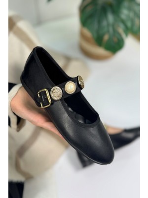 Günlük Kadın Babet Inci Bantlı Ayarlanabilir Tokalı Oval Burunlu Hafif Rahat Ayakkabı 379