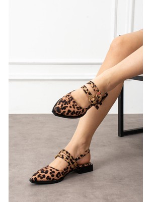 Shoetek Lorssa Kadın Babet Çift Ince Bantlı Tokalı Leopar