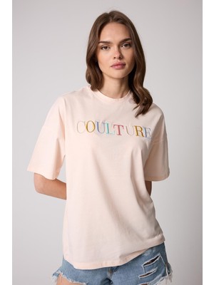 Kadın T-Shirt Puda Pembe Culture Nakışlı Oversize Basic - 2508