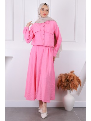 İmaj Butik Pembe Gömlek Etekli Modal Takım