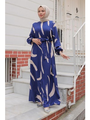 Büyük Fırça Desenli Viskon Elbise Indigo