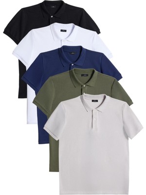 Tudors Erkek 5'li Paket Siyah-Beyaz-Lacivert-Haki-Gri Slim Fit Dar Kesim Pamuklu Düz Pike Polo Yaka Tişört