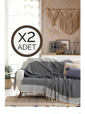 Bergama Siyah 2 Adet Koltuk Örtüsü 180 x 200 cm Koltuk Şalı Kanepe Berjer Örtüsü Pamuklu