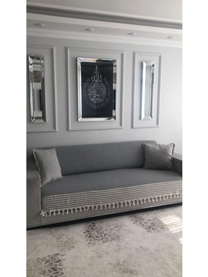 Ev Tekstili Saçaklı Koltuk Örtüsü Füme (Bej Şeritli)