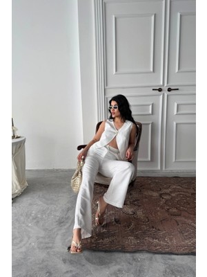 Defy Moda Keten Tek Düğme Yelek-Pantolon Takım - Beyaz