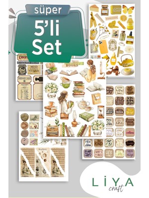 Liyacraft Vintage Brown Kahverengi 5'li Sticker Set Yapışkanlı Renkli Desenli Kırtasiye Ürünü