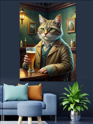 Bar Taburesindeki Kedi Dekoratif Kanvas - Mdf Ahşap Tablo