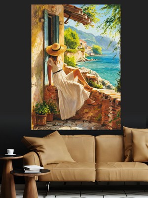 Beyaz Elbiseli Kadın ve Manzara Dekoratif Kanvas - Mdf Ahşap Tablo