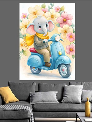 Yavru Motorcu Fil Dekoratif Kanvas - Mdf Ahşap Tablo