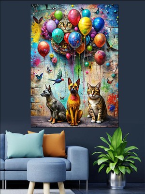 Renkli Balonlar ve Hayvanlar Dekoratif Kanvas - Mdf Ahşap Tablo