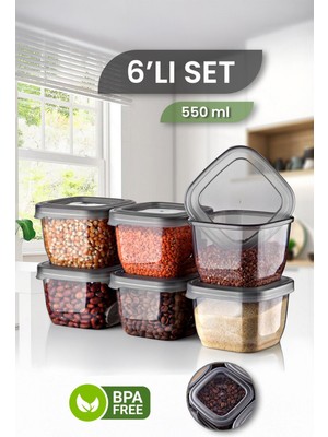 6'lı Kare Baharatlık Saklama Kabı - Sızdırmaz Kapaklı Erzak Çerez Kuruyemiş Saklama Kutusu 6X550 ml