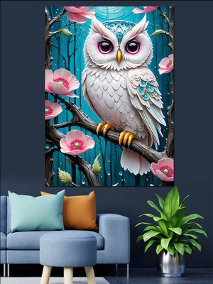 Baykuş ve Pembe Çiçekler Dekoratif Kanvas - Mdf Ahşap Tablo
