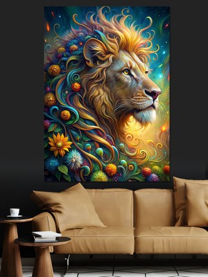 Çiçekli Aslan Dekoratif Kanvas - Mdf Ahşap Tablo