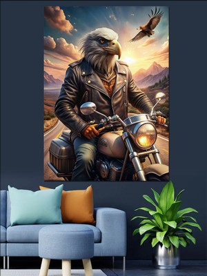 Motosiklet Kullanan Kartal Dekoratif Kanvas - Mdf Ahşap Tablo
