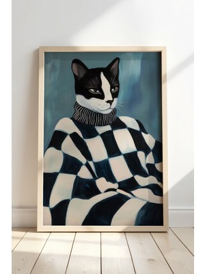 Soyut Kedi Sanatı Ahşap Çerçeveli Duvar Kedi Tablosu