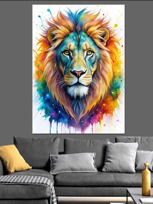 Renkli Aslan Dekoratif Kanvas - Mdf Ahşap Tablo