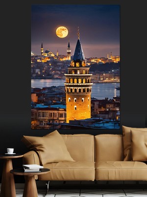 Galata Kulesi ve Ay Dekoratif Kanvas - Mdf Ahşap Tablo