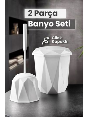 2 Parça Vanity Klik Kapaklı Banyo Seti - Dekoratif Banyo Düzenleyici Çöp Kovası Wc Klozet Fırça Seti