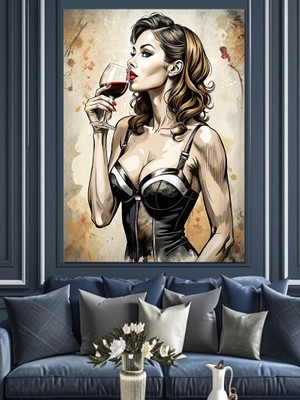 Şarap Içen Elbiseli Kadın Dekoratif Kanvas - Mdf Ahşap Tablo
