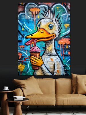 Dondurma Yiyen Ördek Dekoratif Kanvas - Mdf Ahşap Tablo