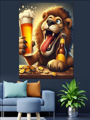 Bira Içen Aslan Dekoratif Kanvas - Mdf Ahşap Tablo