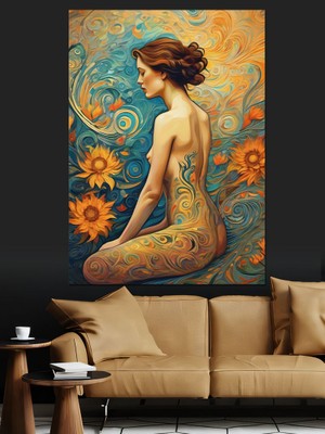 Çiçekli Nü Kadın Dekoratif Kanvas - Mdf Ahşap Tablo