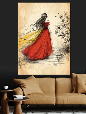 Kırmızı Elbiseli Kadın Dekoratif Kanvas - Mdf Ahşap Tablo