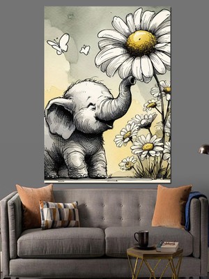 Yavru Fil ve Papatya Dekoratif Kanvas - Mdf Ahşap Tablo
