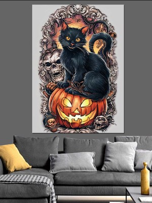 Hallowen Siyah Kedi Bal Kabağı Dekoratif Kanvas - Mdf Ahşap Tablo