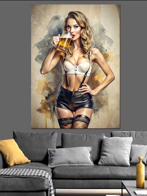 Bira Içen Jartiyerli Kadın Dekoratif Kanvas - Mdf Ahşap Tablo
