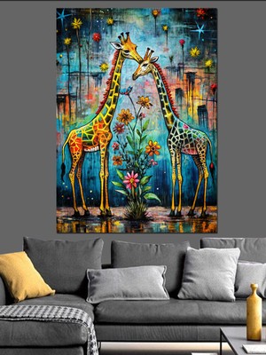 Sevimli Zürafalar ve Çiçekler Dekoratif Kanvas - Mdf Ahşap Tablo