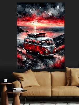 Retro Kırmızı Minibüs Dekoratif Kanvas - Mdf Ahşap Tablo