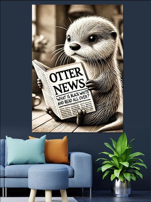 Gazete Okuyan Su Samuru Dekoratif Kanvas - Mdf Ahşap Tablo