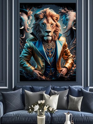 Takım Elbiseli Aslan ve Filler Dekoratif Kanvas - Mdf Ahşap Tablo
