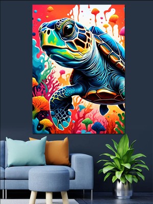 Caretta Caretta ve Deniz Canlıları Dekoratif Kanvas - Mdf Ahşap Tablo