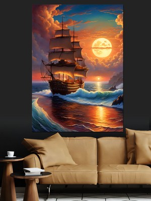 Gemi ve Gün Batımı Dekoratif Kanvas - Mdf Ahşap Tablo
