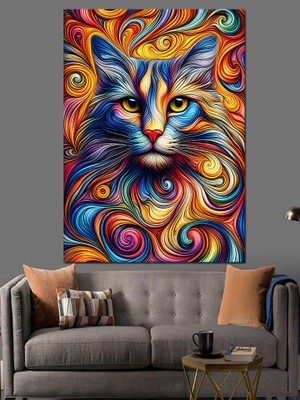 Renkli Soyut Kedi Dekoratif Kanvas - Mdf Ahşap Tablo