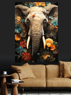 Çiçekler ve Fil Dekoratif Kanvas - Mdf Ahşap Tablo