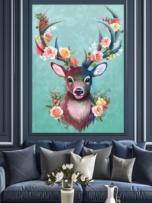 Boynuzları Çiçekli Sevimli Geyik Dekoratif Kanvas - Mdf Ahşap Tablo