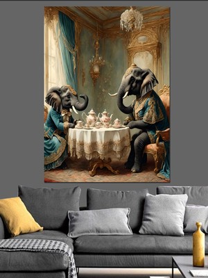 Çay Içen Filler Dekoratif Kanvas - Mdf Ahşap Tablo