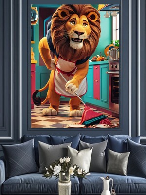 Temizlik Yapan Aslan Dekoratif Kanvas - Mdf Ahşap Tablo