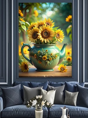 Çaydanlıktaki Ayçiçekleri Dekoratif Kanvas - Mdf Ahşap Tablo