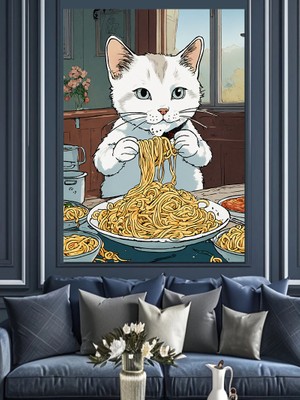 Afacan Kedi ve Spagetti Makarna Dekoratif Kanvas - Mdf Ahşap Tablo