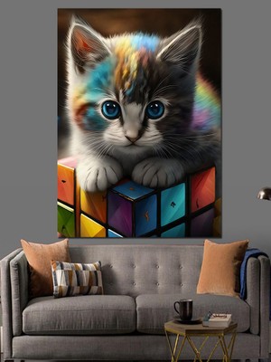 Yavru Kedi ve Zeka Kübü Dekoratif Kanvas - Mdf Ahşap Tablo