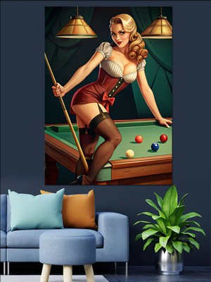 Bilardo ve Sarışın Kız  Dekoratif Kanvas - Mdf Ahşap Tablo